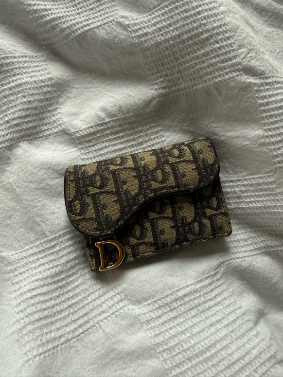 Dior Accessories - Dior Beige & Navy Saddle Card Holder with Gold 'D' Charm